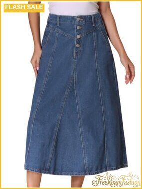 High Waisted A-Line Denim Maxi Skirt Button Down Side Pockets